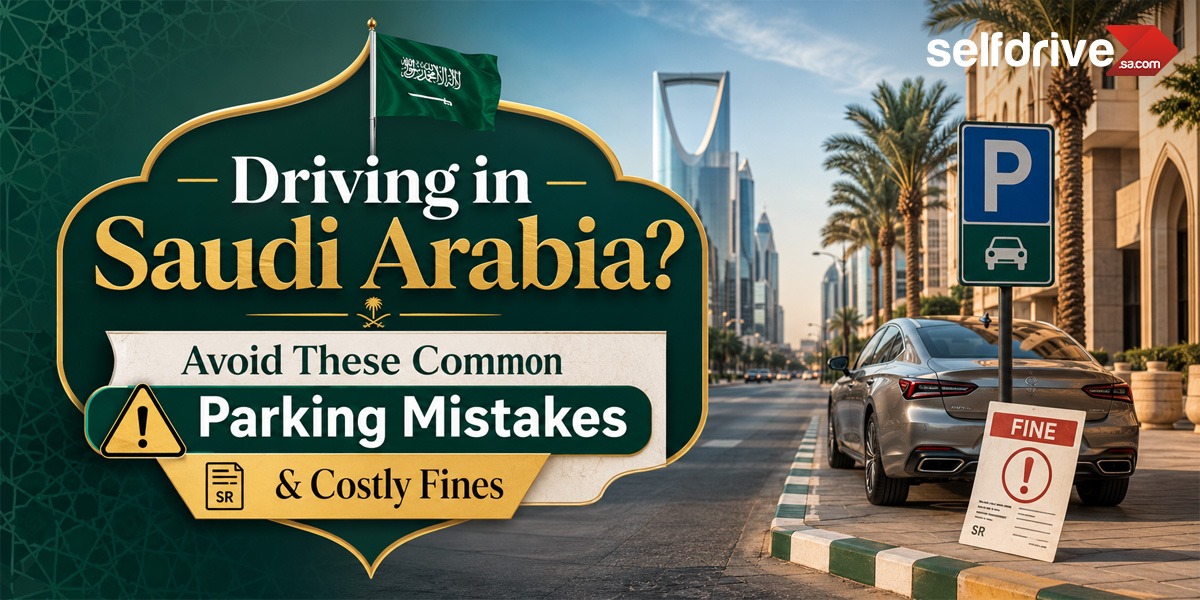Driving in Saudi Arabia? Avoid These Common Parking Mistakes & Costly Fines | SelfDrive Saudi blog banner featuring Riyadh skyline, a parked sedan beside a parking sign, a parking fine notice, and Saudi-themed design elements.